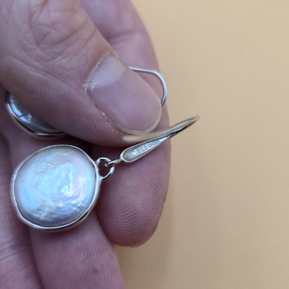 Sterling Silver Large Genuine Round Pearl Dangle Earrings A5390 - Picture 4 of 6